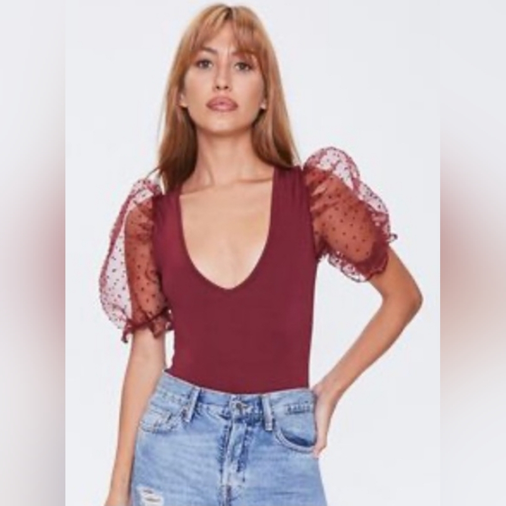Forever 21 Burgundy Sheer Puff Sleeve Bodysuit